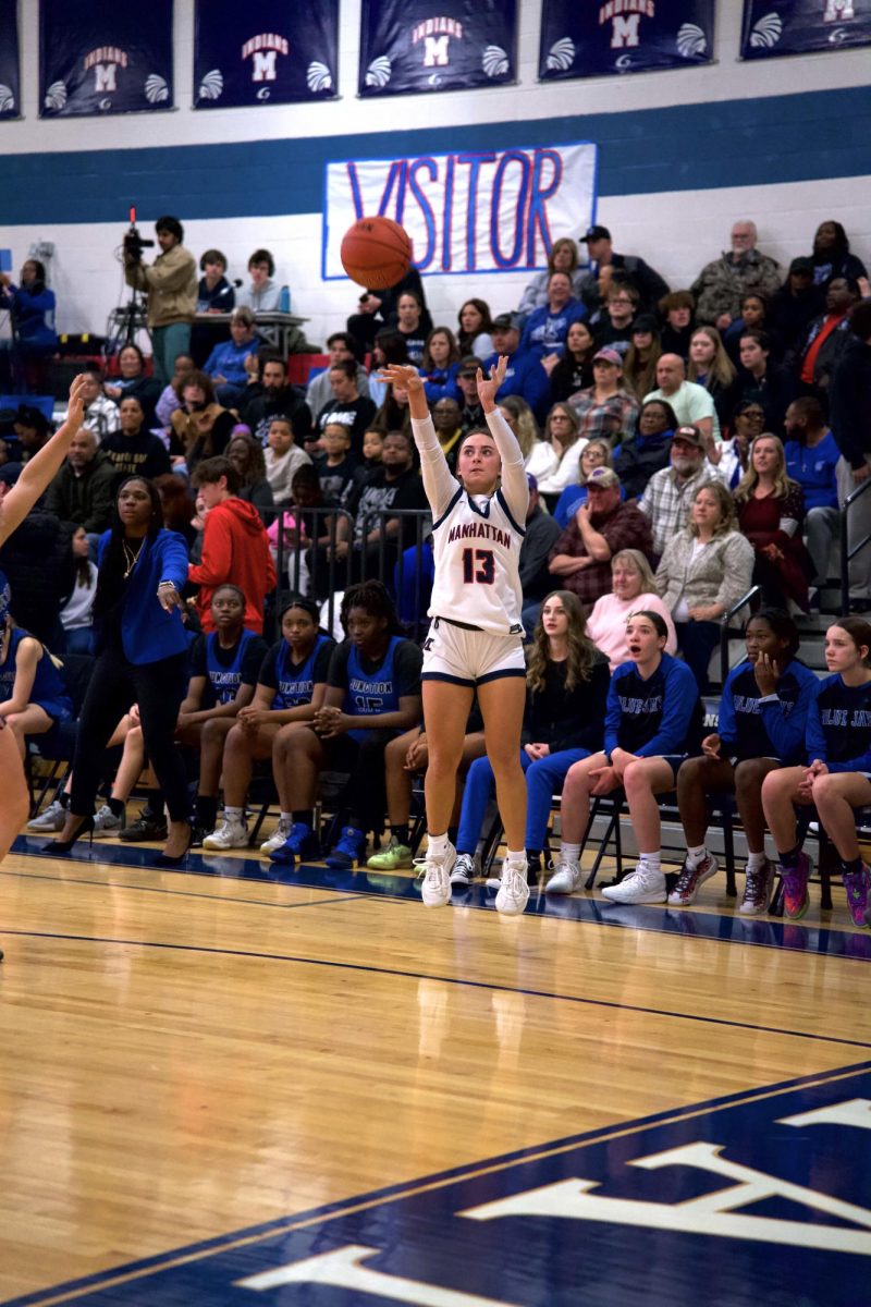 Swish. Junior Kat Ball shoots a 3-pointer vs. Junction City. 