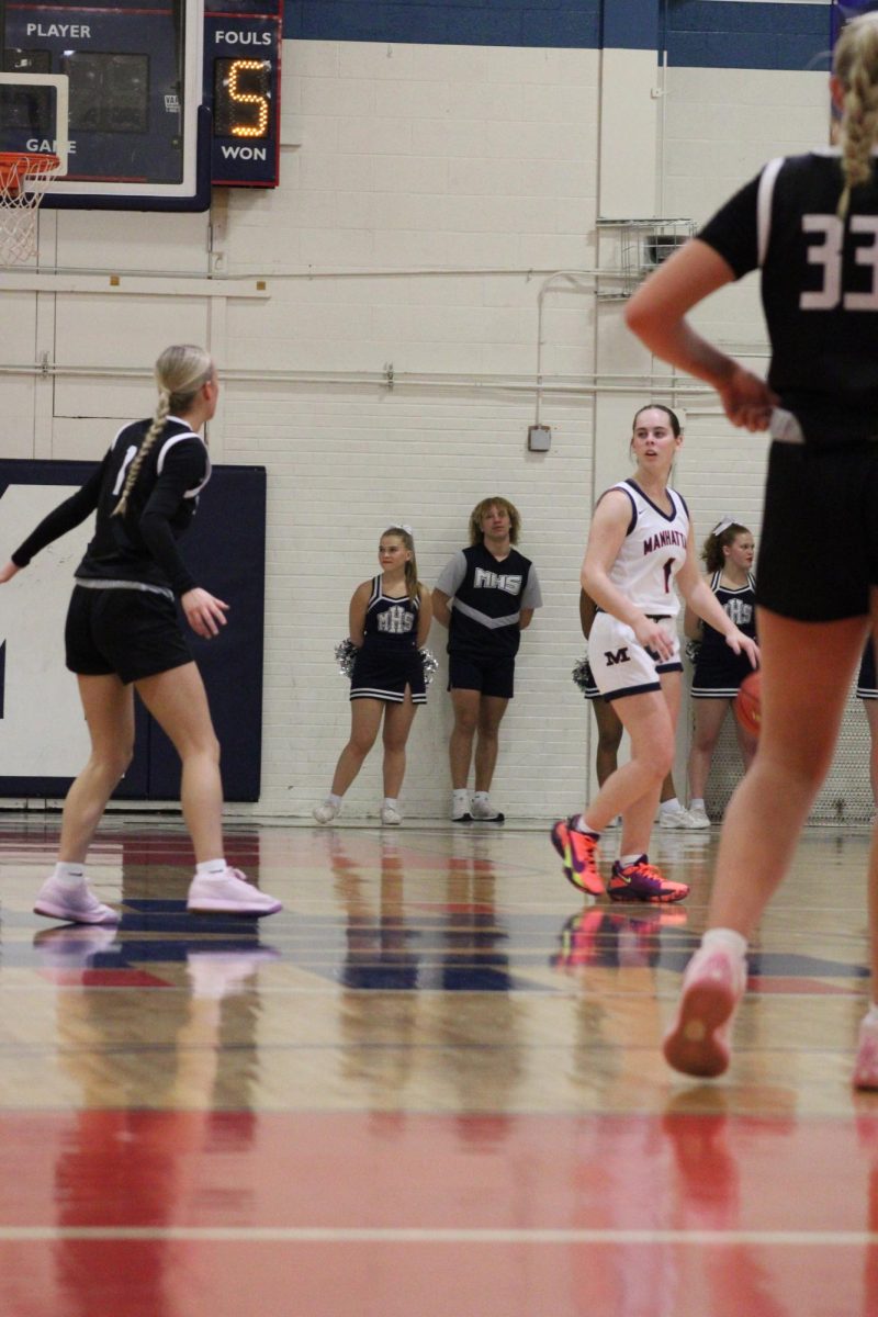 Focused. Junior point guard Delanie Larson brings the ball up the court vs the Blue Valley-Stillwell girls basketball team. The Lady Indians would go on to win 57-44, improving to 6-3 on the season. 